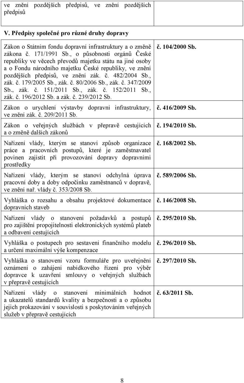 , zák. č. 80/2006 Sb., zák. č. 347/2009 Sb., zák. č. 151/2011 Sb., zák. č. 152/2011 Sb., zák. č. 196/2012 Sb. a zák. č. 239/2012 Sb. Zákon o urychlení výstavby dopravní infrastruktury, ve znění zák.