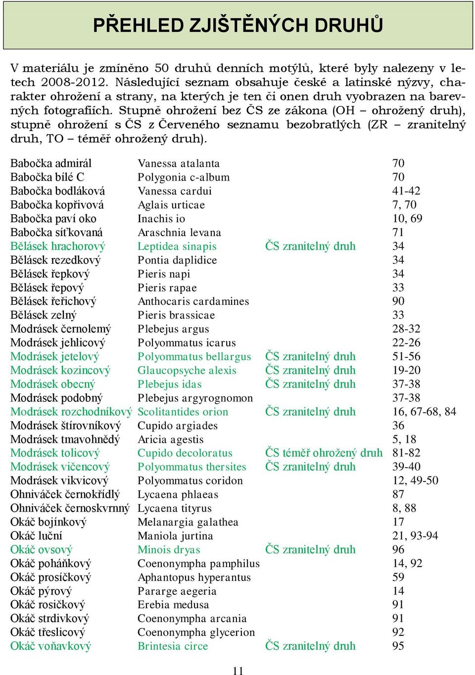 Stupně ohroţení bez ČS ze zákona (OH ohroţený druh), stupně ohroţení s ČS z Červeného seznamu bezobratlých (ZR zranitelný druh, TO téměř ohroţený druh).