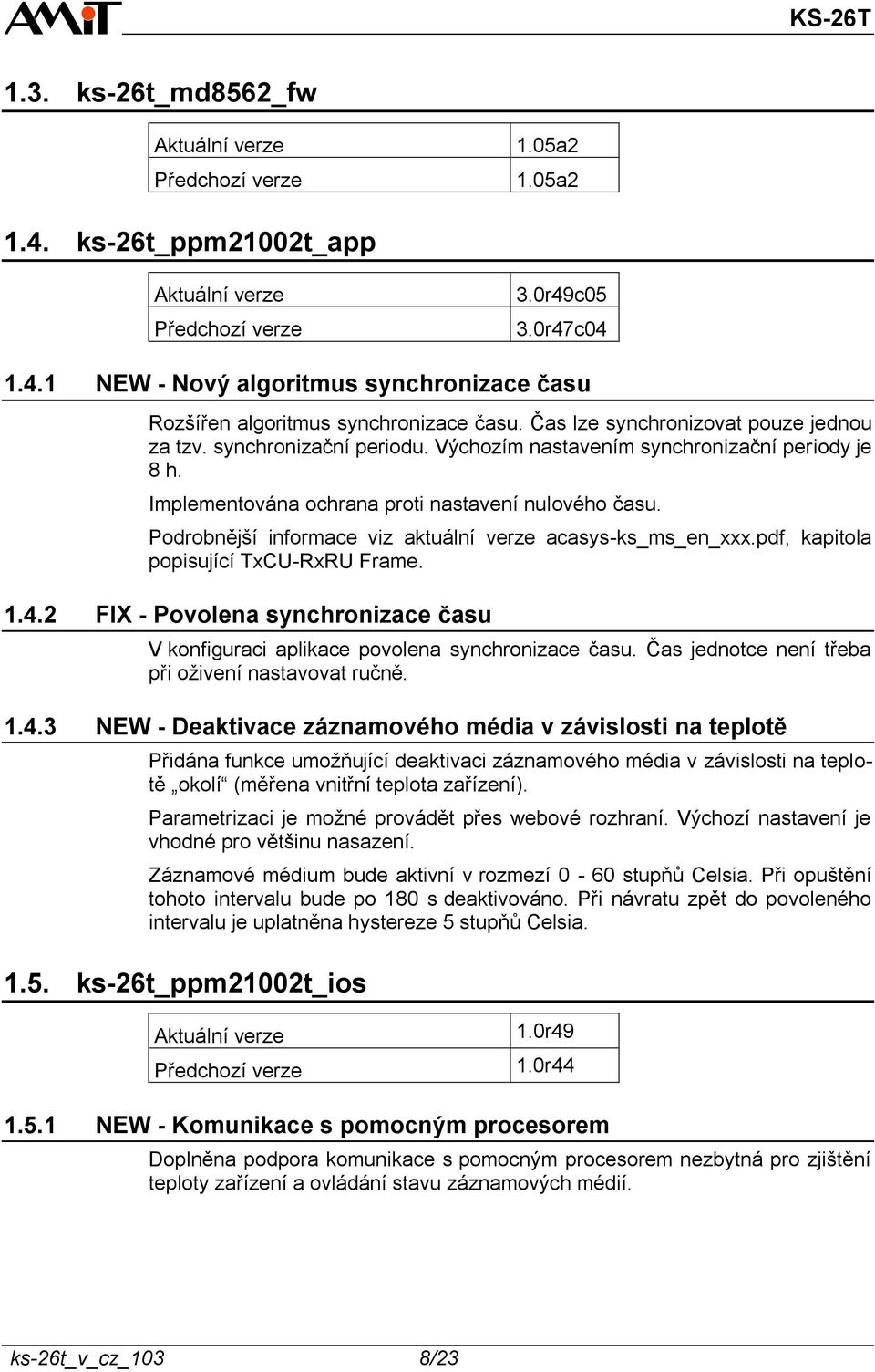 Podrobnější informace viz aktuální verze acasys-ks_ms_en_xxx.pdf, kapitola popisující TxCU-RxRU Frame. 1.4.2 FIX - Povolena synchronizace času V konfiguraci aplikace povolena synchronizace času.