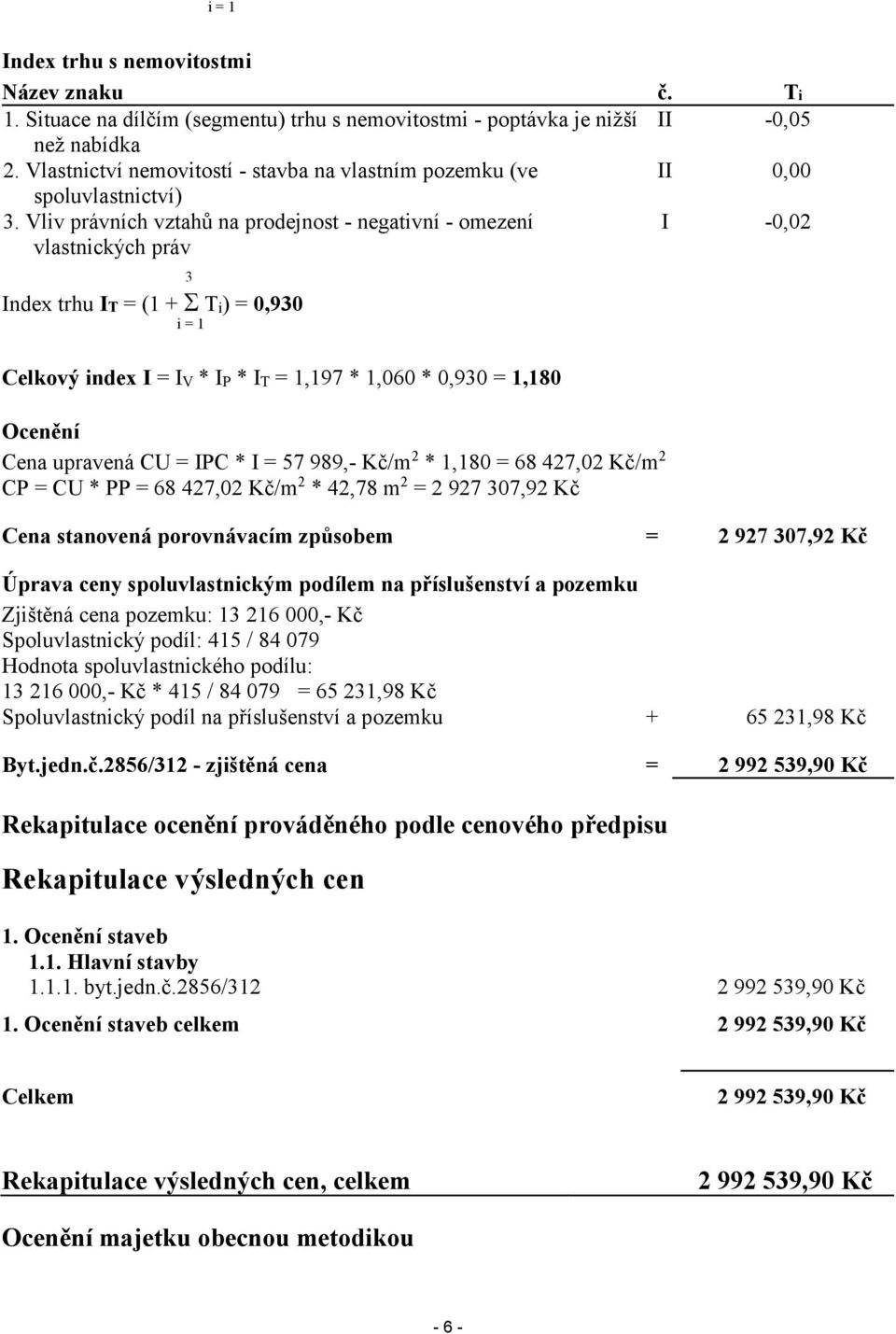 Vliv právních vztahů na prodejnost - negativní - omezení I vlastnických práv Ti -0,05-0,02 3 Index trhu IT (1 + Ti) 0,930 i1 Celkový index I IV * IP * IT 1,197 * 1,060 * 0,930 1,180 Ocenění Cena