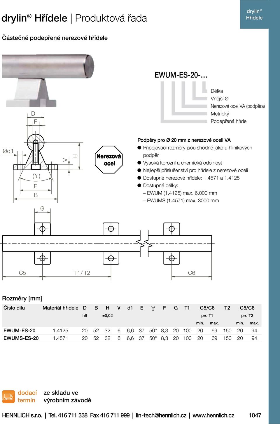 4125 Dostupné délky: EWUM (1.4125) max. 6.000 mm EWUMS (1.4571) max. 3000 mm C5 T1/ T2 C6 Rozměry [mm] Číslo dílu Materiál hřídele D B H V d1 E ϒ F G T1 C5/C6 T2 C5/C6 h6 ±0,02 pro T1 pro T2 min. max. min. max. EWUM-ES-20 1.