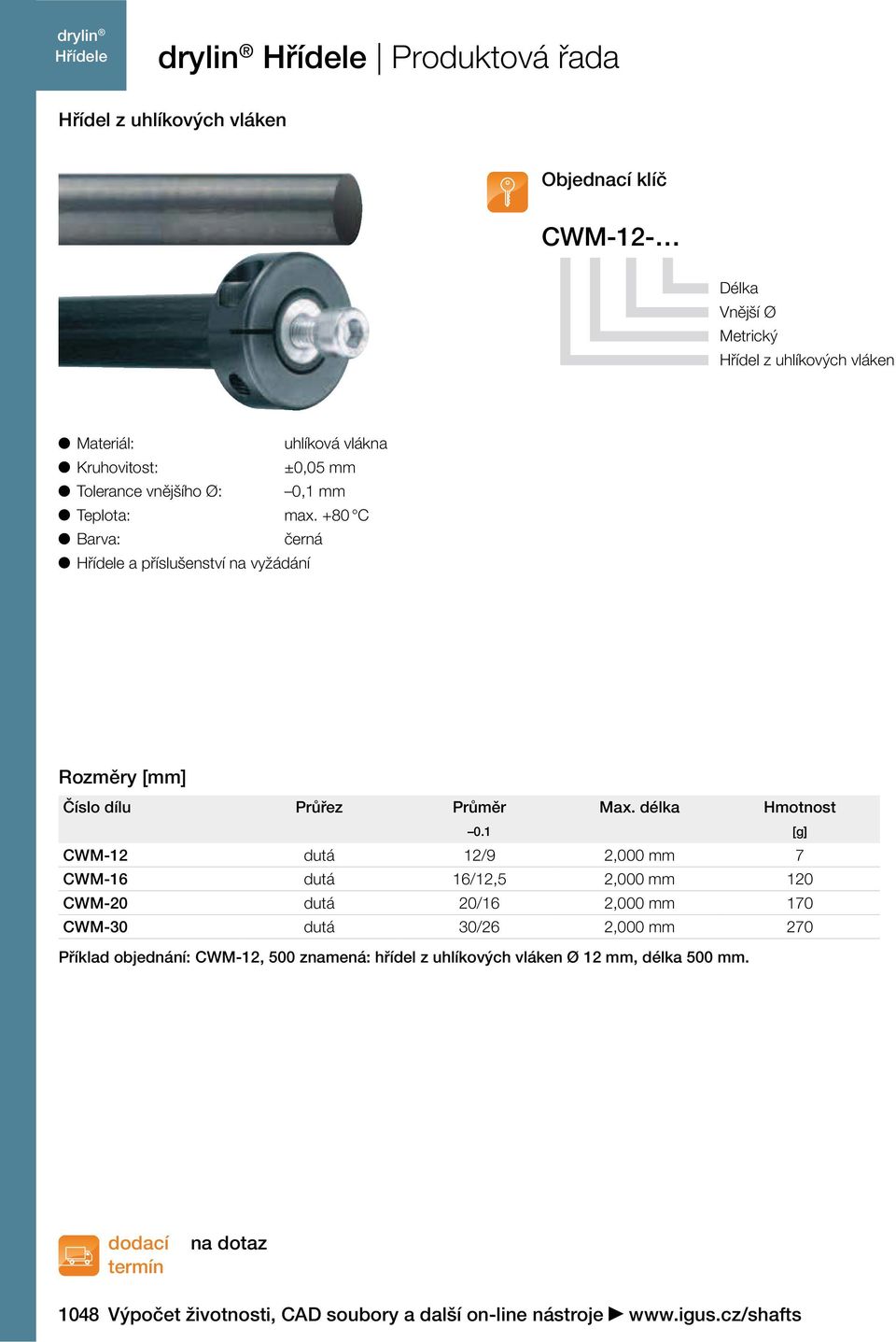 1 [g] CWM-12 dutá 12/9 2,000 mm 7 CWM-16 dutá 16/12,5 2,000 mm 120 CWM-20 dutá 20/16 2,000 mm 170 CWM-30 dutá 30/26 2,000 mm 270 Příklad objednání: