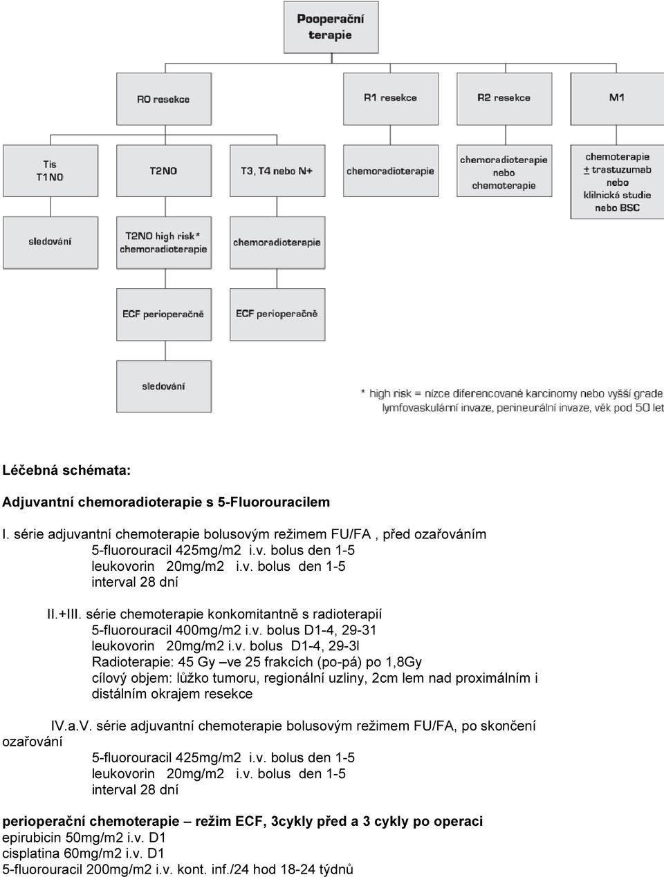 a.V. série adjuvantní chemoterapie bolusovým režimem FU/FA, po skončení ozařování 5-fluorouracil 425mg/m2 i.v. bolus den 1-5 leukovorin 20mg/m2 i.v. bolus den 1-5 interval 28 dní perioperační chemoterapie režim ECF, 3cykly před a 3 cykly po operaci epirubicin 50mg/m2 i.