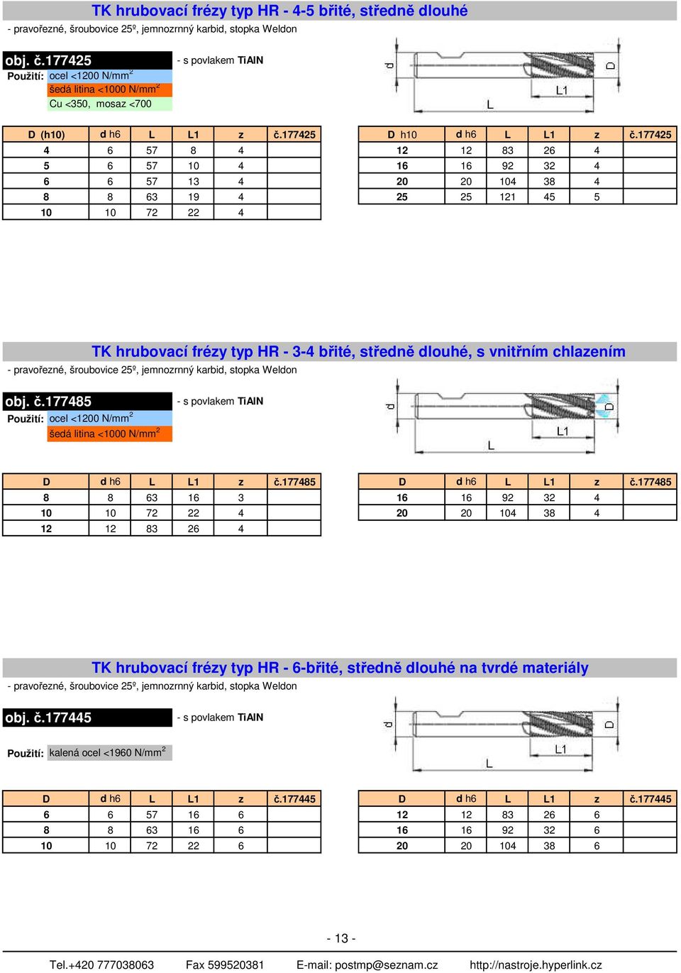 chlazením - pravořezné, šroubovice 25º, jemnozrnný karbid, stopka Weldon obj. č.177485 - s povlakem TiAlN D d h6 L L1 z č.177485 D d h6 L L1 z č.