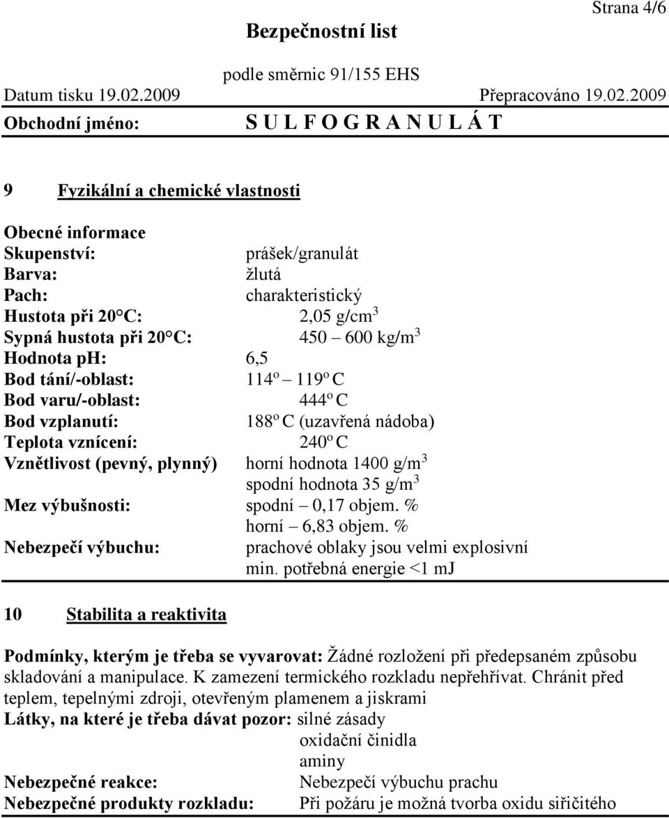spodní hodnota 35 g/m 3 Mez výbušnosti: spodní 0,17 objem. % horní 6,83 objem. % Nebezpečí výbuchu: prachové oblaky jsou velmi explosivní min.