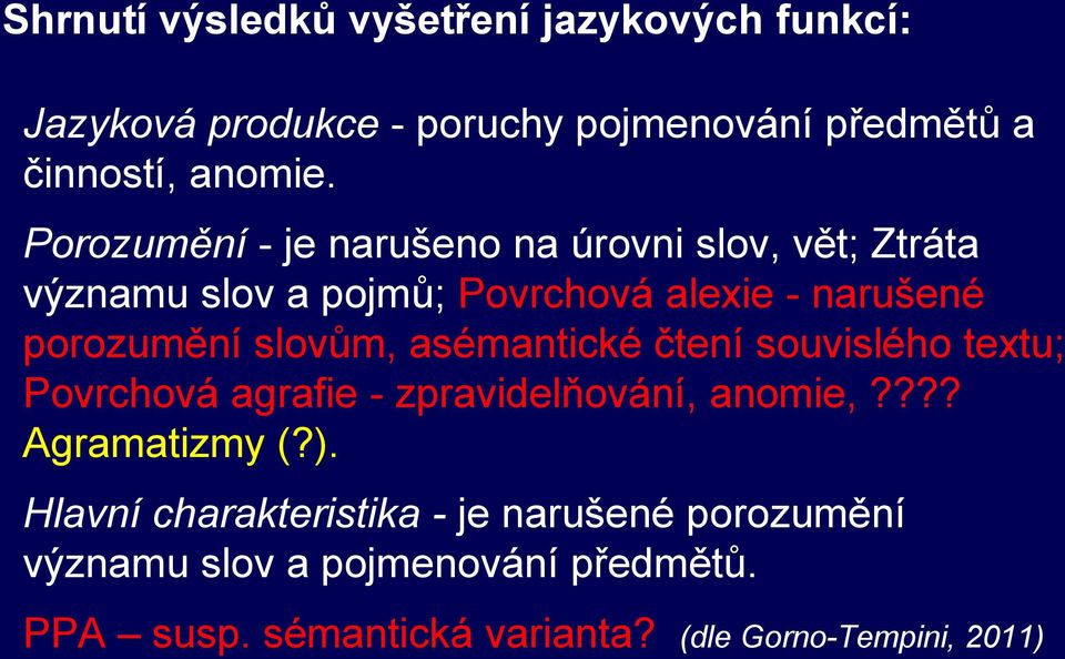 slovům, asémantické čtení souvislého textu; Povrchová agrafie - zpravidelňování, anomie,???? Agramatizmy (?).