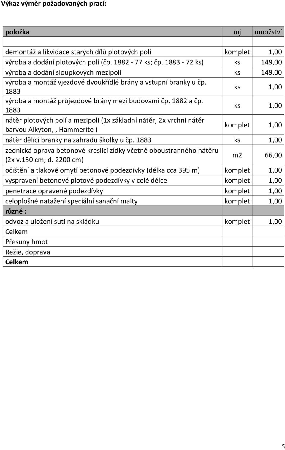 1882 a čp. 1883 ks 1,00 nátěr plotových polí a mezipolí (1x základní nátěr, 2x vrchní nátěr barvou Alkyton,, Hammerite ) komplet 1,00 nátěr dělící branky na zahradu školky u čp.