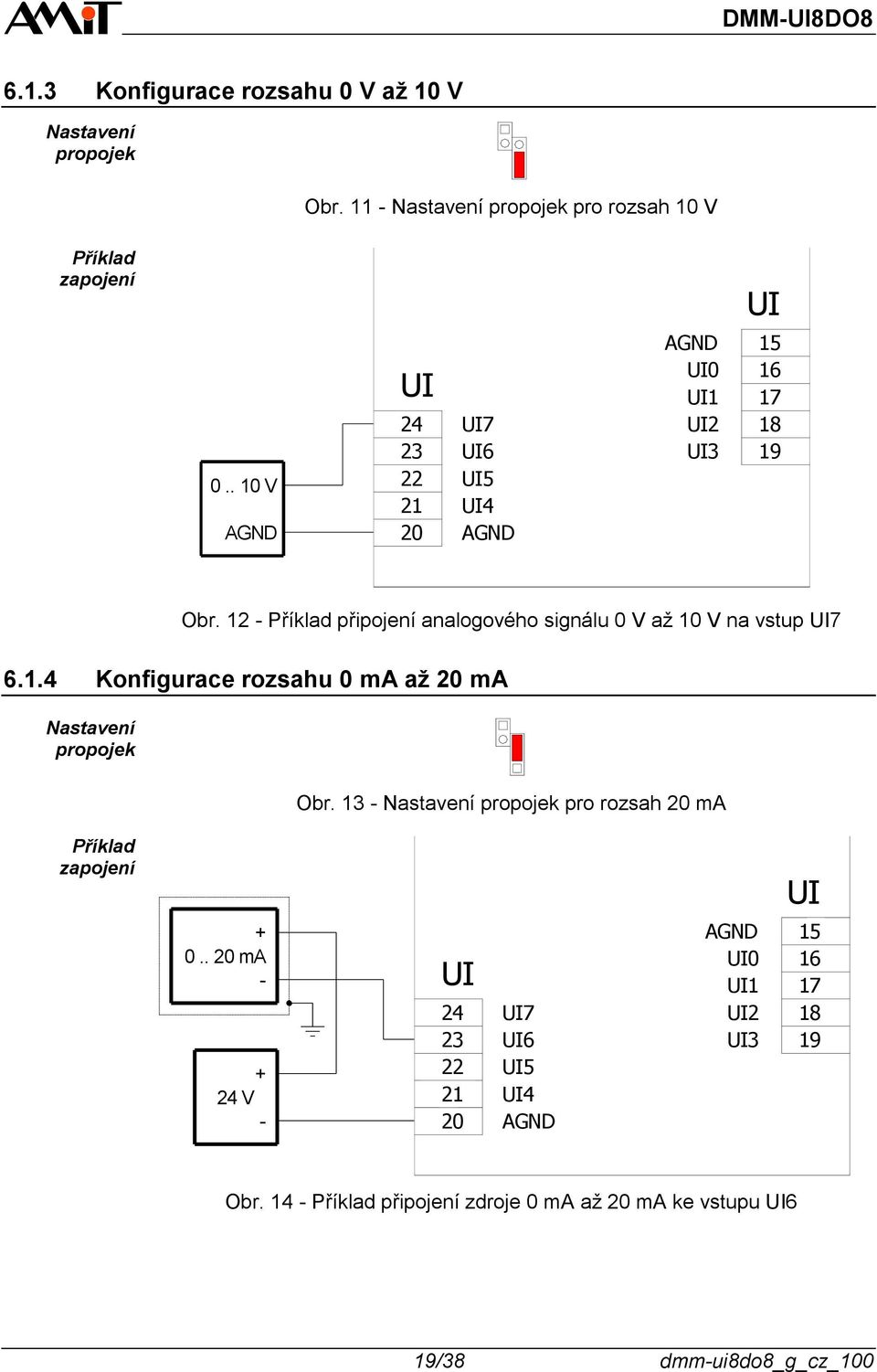 12 - Příklad připojení analogového signálu 0 V až 10 V na vstup UI7 6.1.4 Konfigurace rozsahu 0 ma až 20 ma Nastavení propojek Příklad zapojení + 0.