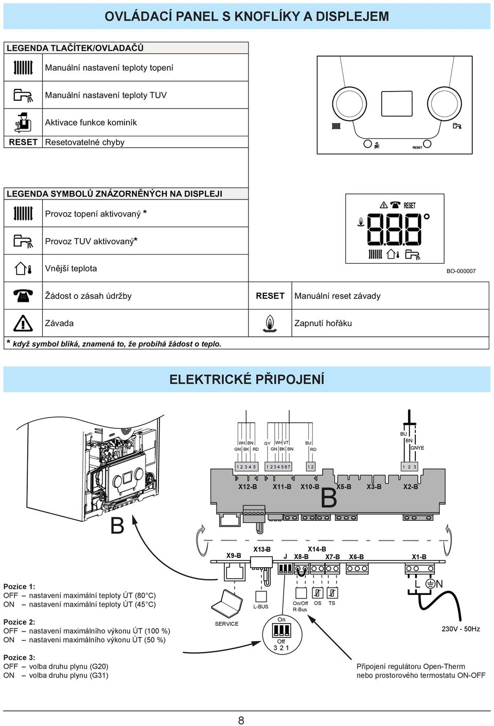 teploty ÚT (45 C) L-BUS On/Off R-Bus OS TS L N Pozice 2: OFF nastavení maximálního výkonu ÚT (100 %) ON nastaveni maximálního výkonu ÚT (50 %) Pozice 3:
