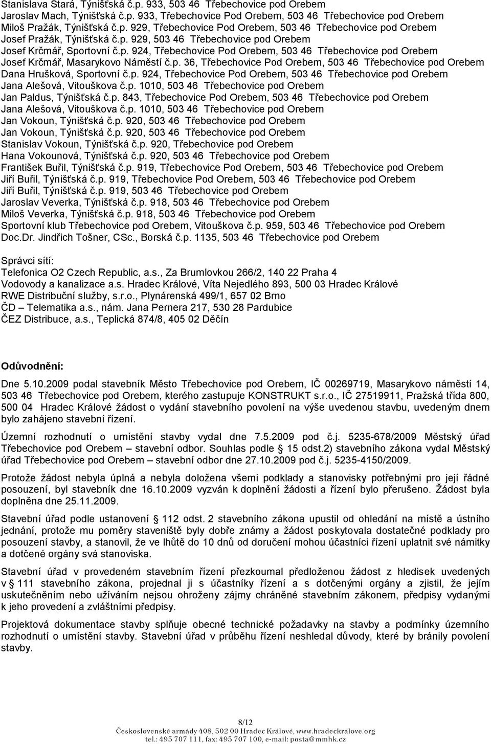 p. 924, Třebechovice Pod Orebem, 503 46 Třebechovice pod Orebem Jana Alešová, Vitouškova č.p. 1010, 503 46 Třebechovice pod Orebem Jan Paldus, Týnišťská č.p. 843, Třebechovice Pod Orebem, 503 46 Třebechovice pod Orebem Jana Alešová, Vitouškova č.