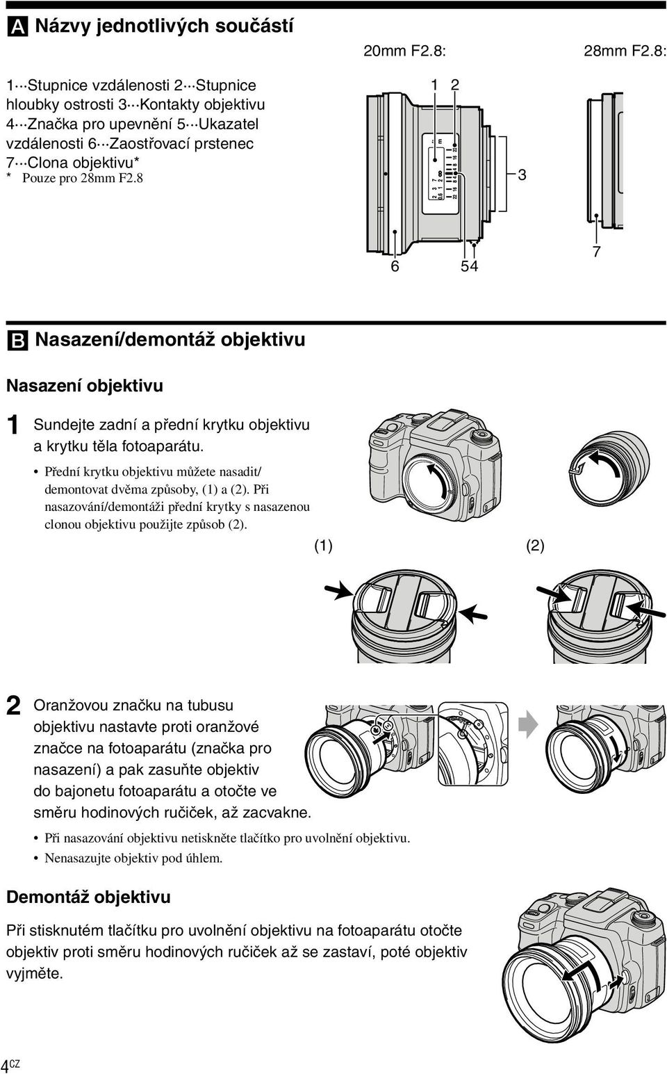 8 1 2 3 6 54 7 Nasazení/demontáž objektivu Nasazení objektivu 1 Sundejte zadní a přední krytku objektivu a krytku těla fotoaparátu.