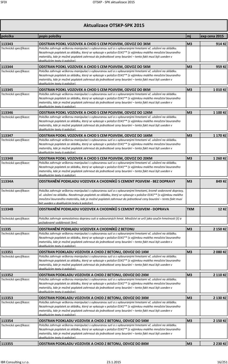 113345 ODSTRAN PODKL VOZOVEK A CHOD S CEM POJIVEM, ODVOZ DO 8KM M3 1 010 Kč Položka zahrnuje veškerou manipulaci s vybouranou sutí a s vybouranými hmotami vč. uložení na skládku.