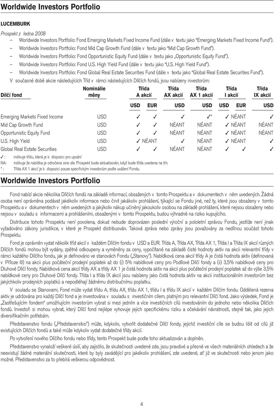 Worldwide Investors Portfolio: Fond Opportunistic Equity Fund (dále v textu jako Opportunistic Equity Fund ). Worldwide Investors Portfolio: Fond U.S. High Yield Fund (dále v textu jako U.S. High Yield Fund ).