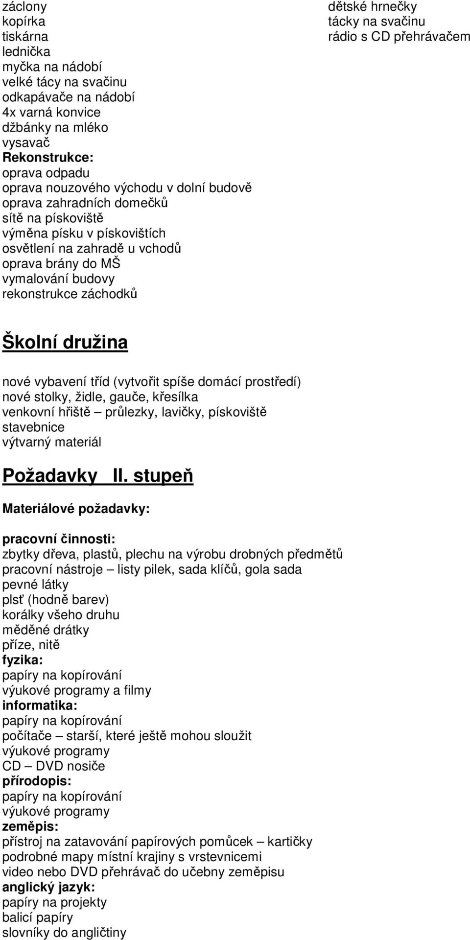 svačinu rádio s CD přehrávačem Školní družina nové vybavení tříd (vytvořit spíše domácí prostředí) nové stolky, židle, gauče, křesílka venkovní hřiště průlezky, lavičky, pískoviště stavebnice