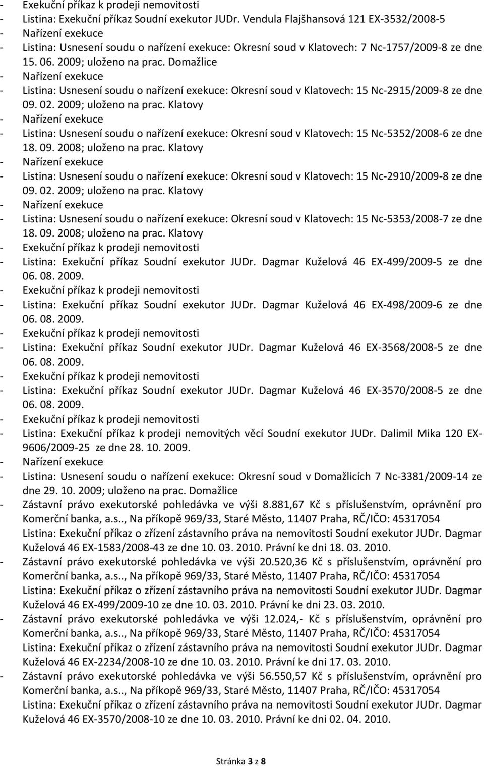 Klatovy - Listina: Usnesení soudu o nařízení exekuce: Okresní soud v Klatovech: 15 Nc-5352/2008-6 ze dne 18. 09. 2008; uloženo na prac.