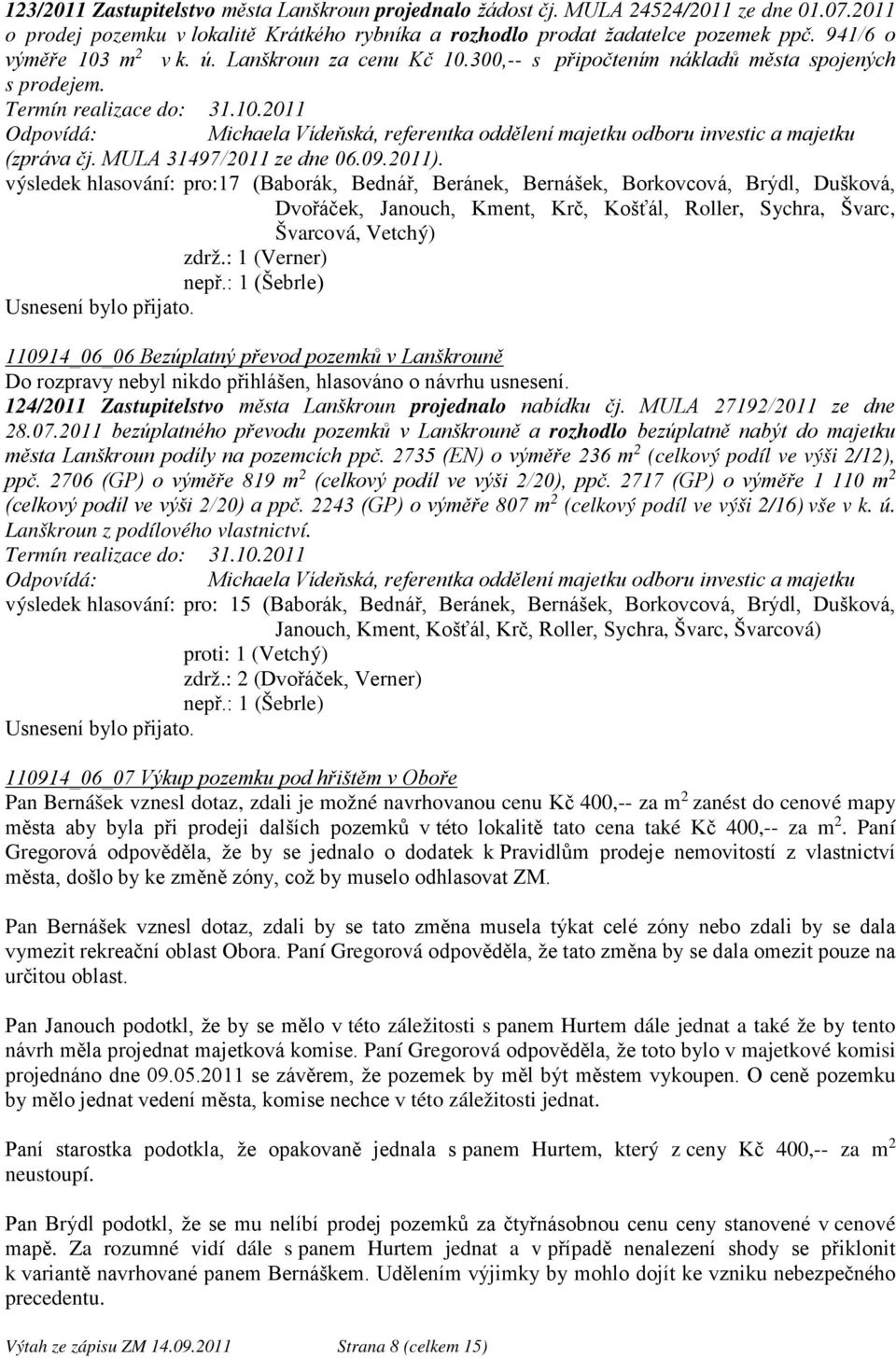 MULA 31497/2011 ze dne 06.09.2011). výsledek hlasování: pro:17 (Baborák, Bednář, Beránek, Bernášek, Borkovcová, Brýdl, Dušková, Švarcová, Vetchý) zdrž.