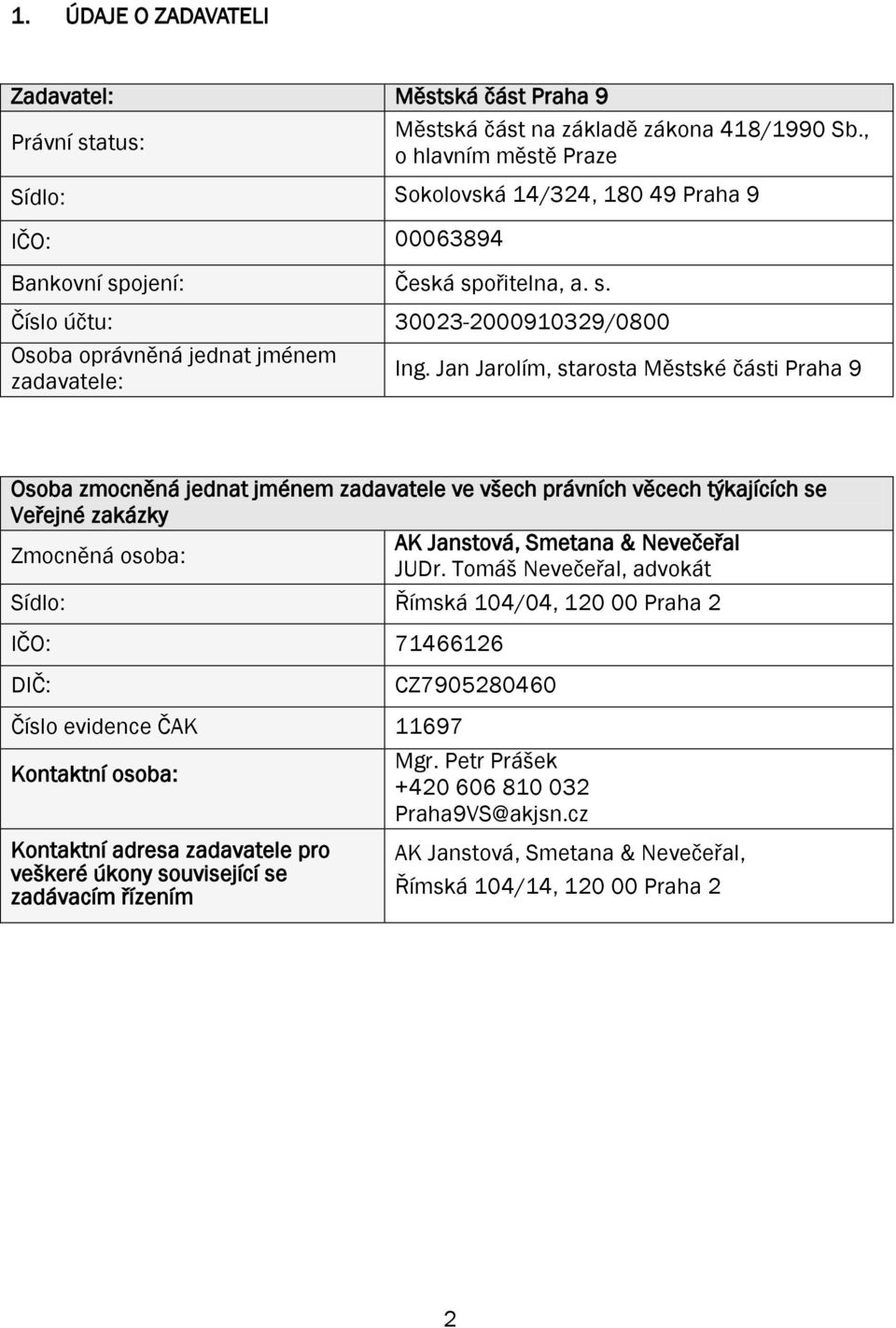 Jan Jarolím, starosta Městské části Praha 9 Osoba zmocněná jednat jménem zadavatele ve všech právních věcech týkajících se Veřejné zakázky AK Janstová, Smetana & Nevečeřal Zmocněná osoba: JUDr.