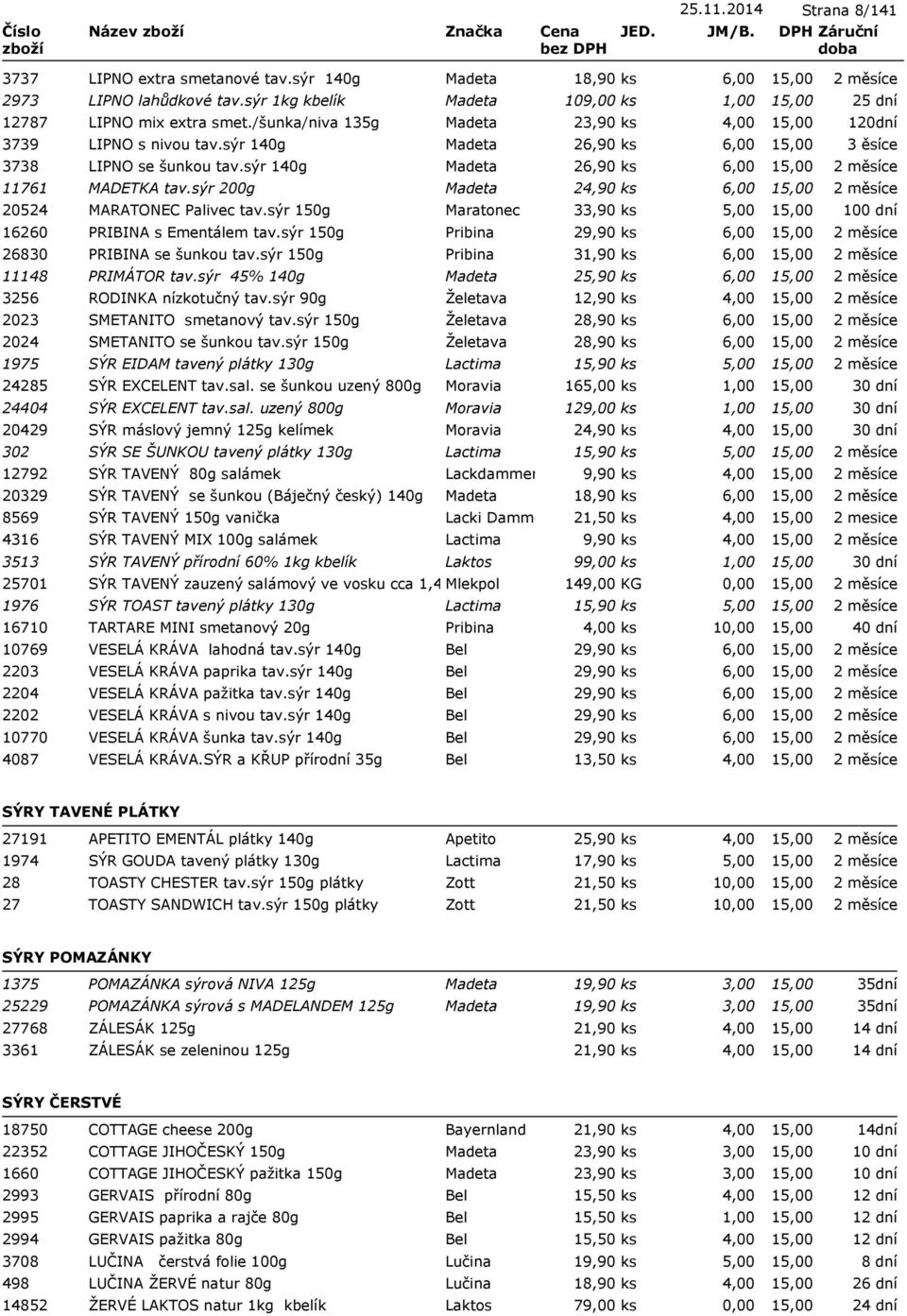 sýr 200g Madeta 24,90 ks 6,00 20524 MARATONEC Palivec tav.sýr 150g Maratonec 33,90 ks 5,00 16260 PRIBINA s Ementálem tav.sýr 150g Pribina 29,90 ks 6,00 26830 PRIBINA se šunkou tav.