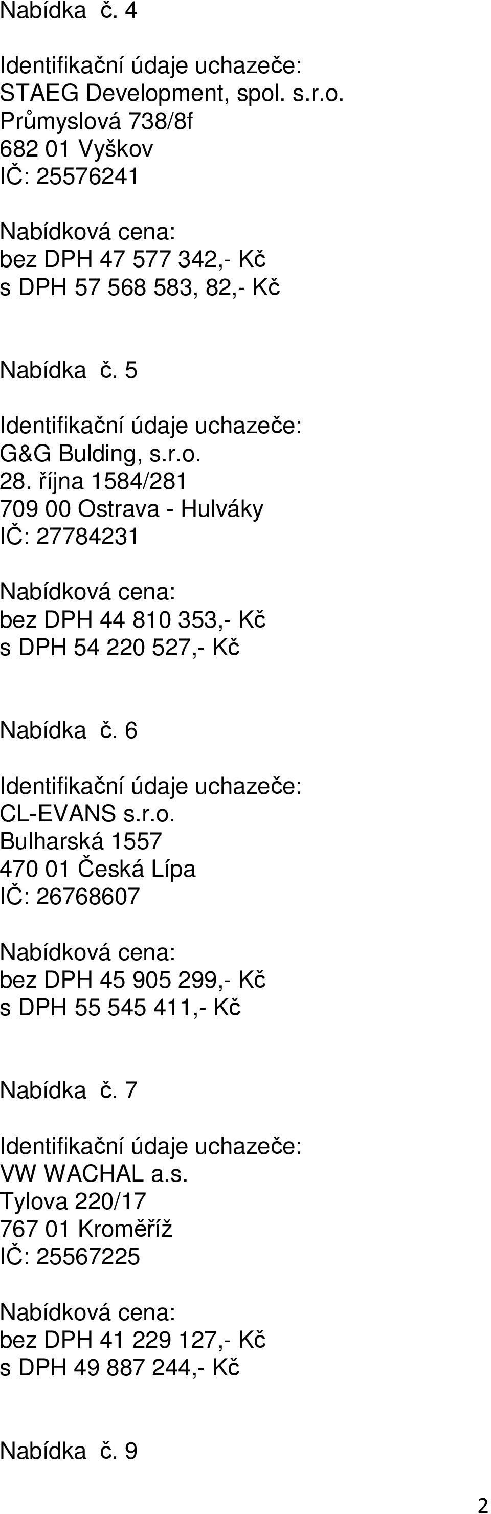 října 1584/281 709 00 Ostrava - Hulváky IČ: 27784231 bez DPH 44 810 353,- Kč s DPH 54 220 527,- Kč Nabídka č. 6 CL-EVANS s.r.o.