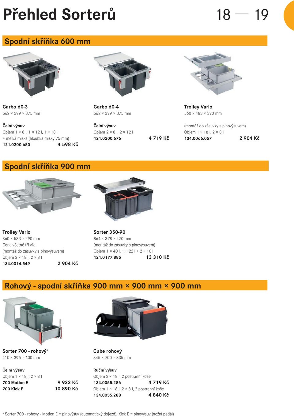 057 2 904 Kč Spodní skříňka 900 mm Trolley Vario 860 533 290 mm Cena včetně tří vík (montáž do zásuvky s plnovýsuvem) Objem 2 18 l, 2 8 l 134.0014.