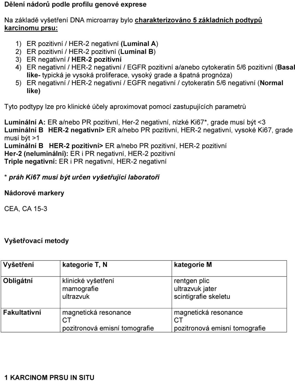 grade a špatná prognóza) 5) ER negativní / HER-2 negativní / EGFR negativní / cytokeratin 5/6 negativní (Normal like) Tyto podtypy lze pro klinické účely aproximovat pomocí zastupujících parametrů