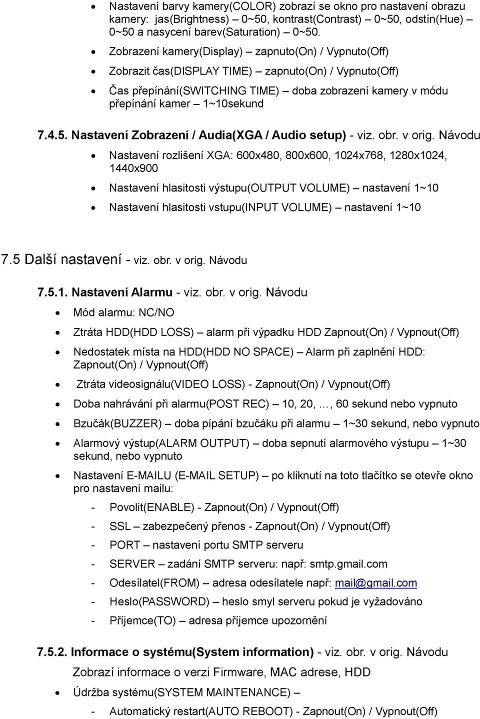 Nastavení Zobrazení / Audia(XGA / Audio setup) - viz. obr. v orig.