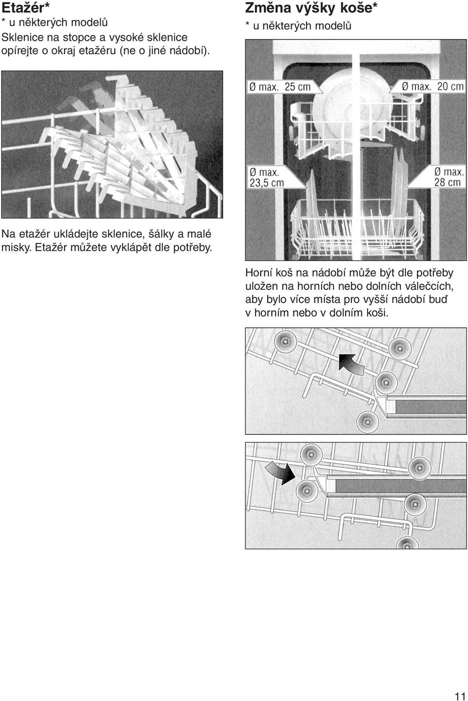 Změna výšky koše* * u některých modelů Na etažér ukládejte sklenice, šálky a malé misky.