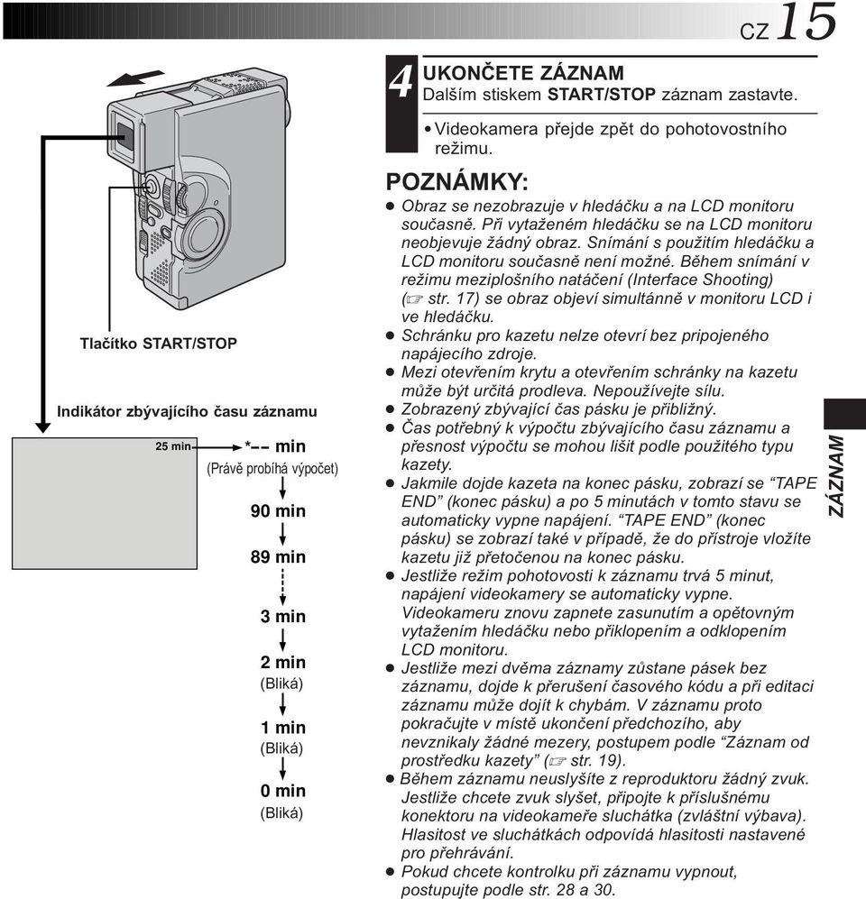 Snímání s použitím hledáčku a LCD monitoru současně není možné. Během snímání v režimu meziplošního natáčení (Interface Shooting) ( str. 7) se obraz objeví simultánně v monitoru LCD i ve hledáčku.