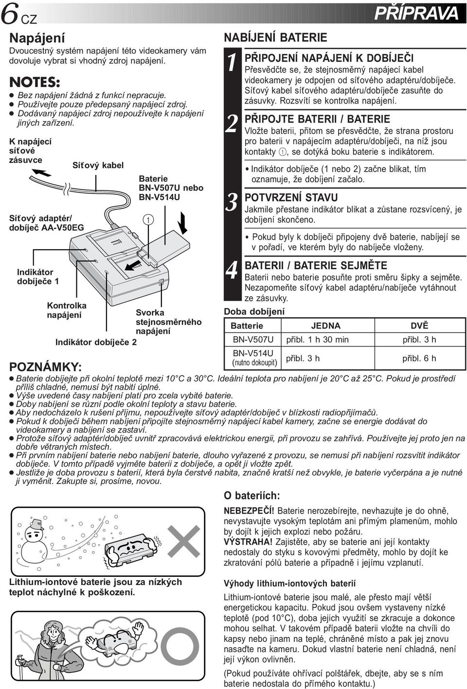 K napájecí síťové zásuvce Síťový adaptér/ dobíječ AA-V50EG Indikátor dobíječe Kontrolka napájení Síťový kabel Baterie BN-V507U nebo BN-V54U Svorka stejnosměrného napájení Indikátor dobíječe PŘÍPRAVA