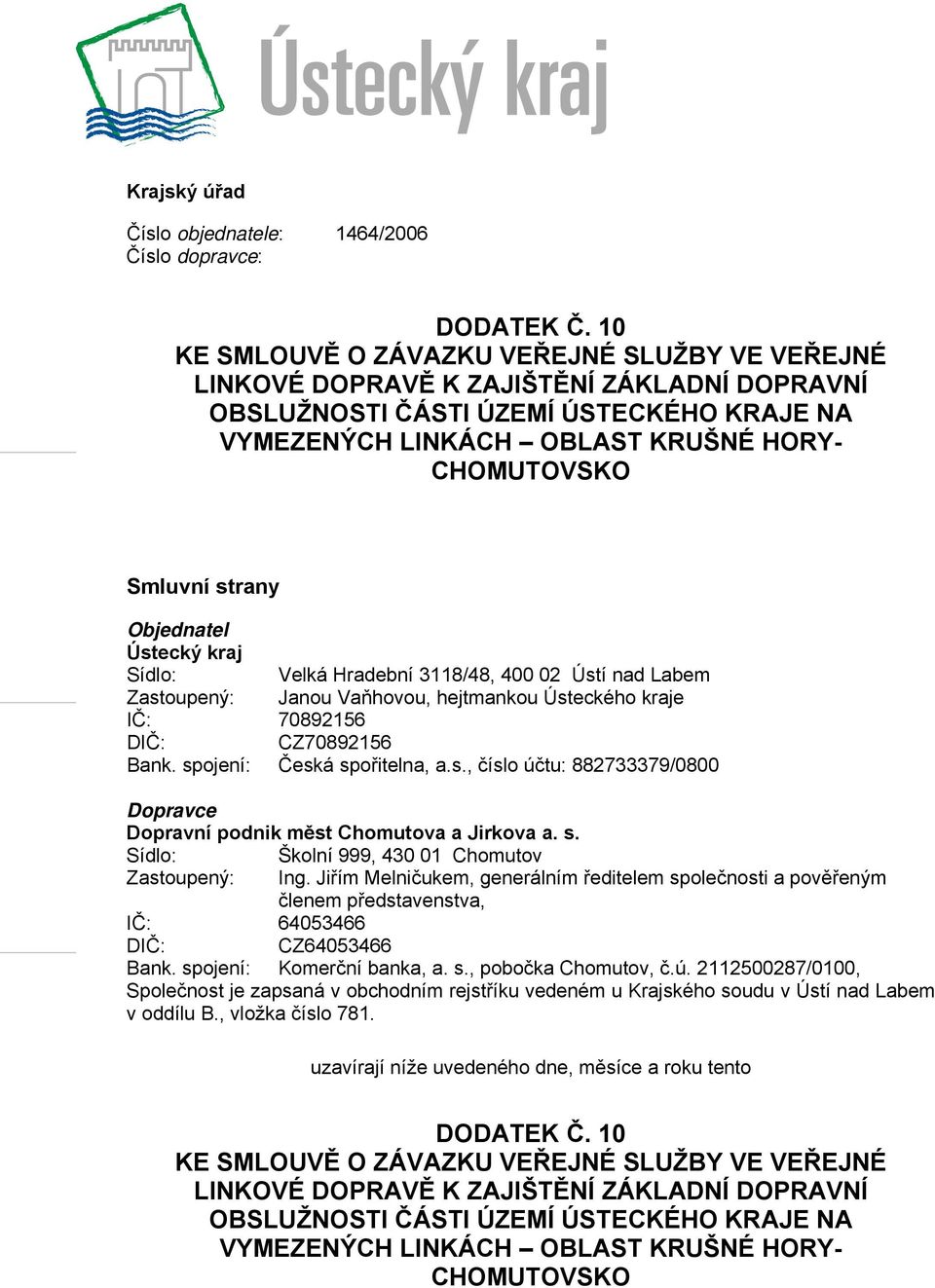 strany Objednatel Ústecký kraj Sídlo: Velká Hradební 3118/48, 400 02 Ústí nad Labem Zastoupený: Janou Vaňhovou, hejtmankou Ústeckého kraje IČ: 70892156 DIČ: CZ70892156 Bank.