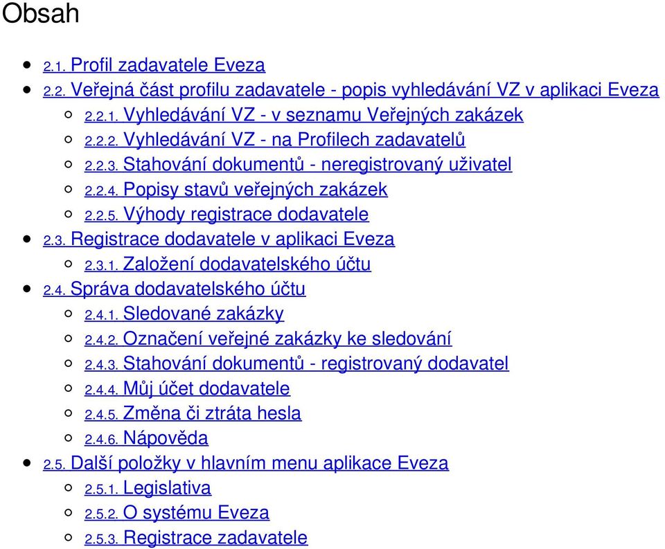 Založení dodavatelského účtu 2.4. Správa dodavatelského účtu 2.4.1. Sledované zakázky 2.4.2. Označení veřejné zakázky ke sledování 2.4.3. Stahování dokumentů - registrovaný dodavatel 2.4.4. Můj účet dodavatele 2.