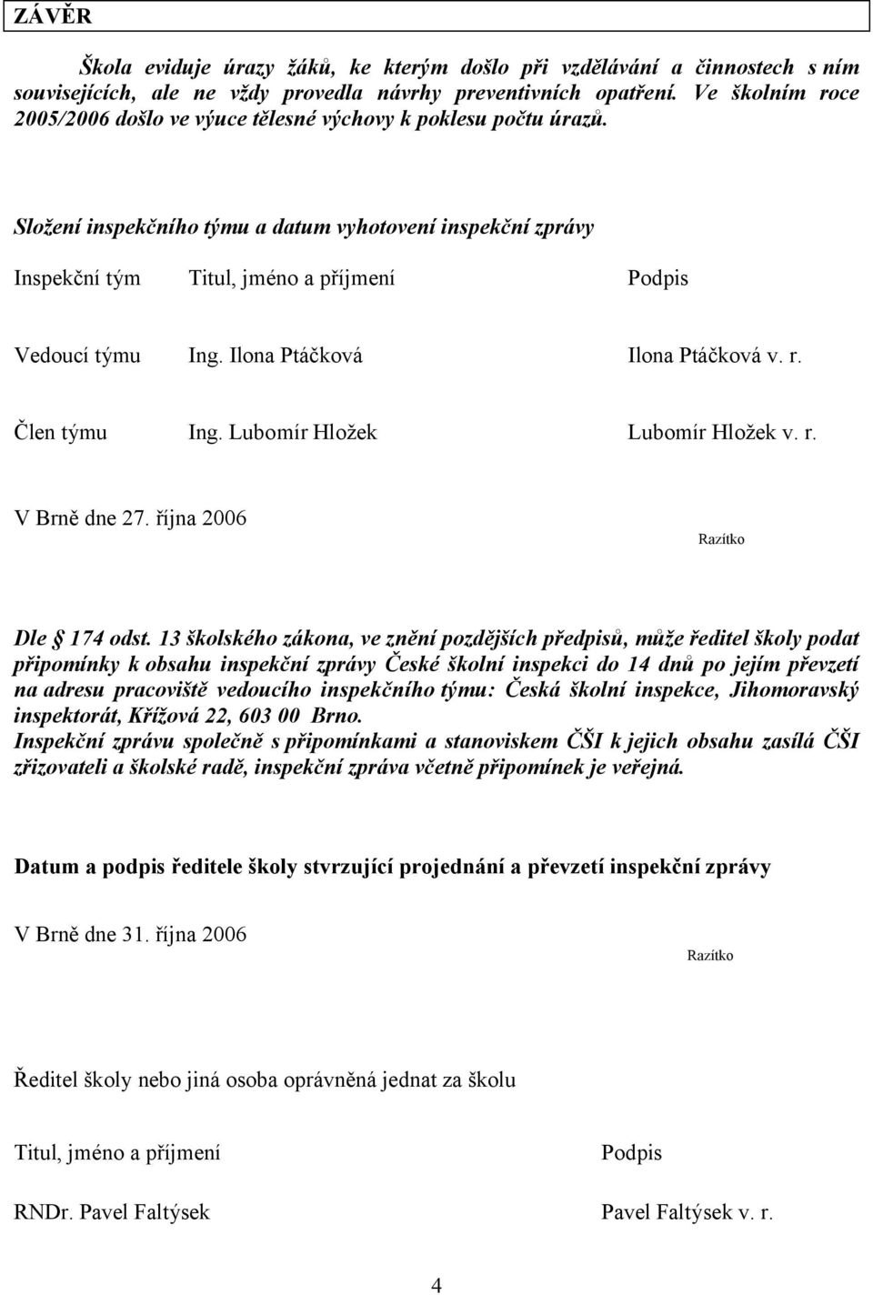 Složení inspekčního týmu a datum vyhotovení inspekční zprávy Inspekční tým Titul, jméno a příjmení Podpis Vedoucí týmu Ing. Ilona Ptáčková Ilona Ptáčková v. r. Člen týmu Ing.