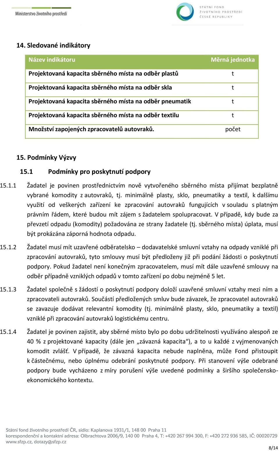 . Pdmínky Výzvy 15.1 Pdmínky pr pskytnutí pdpry 15.1.1 Žadatel je pvinen prstřednictvím nvě vytvřenéh sběrnéh místa přijímat bezplatně vybrané kmdity z autvraků, tj.