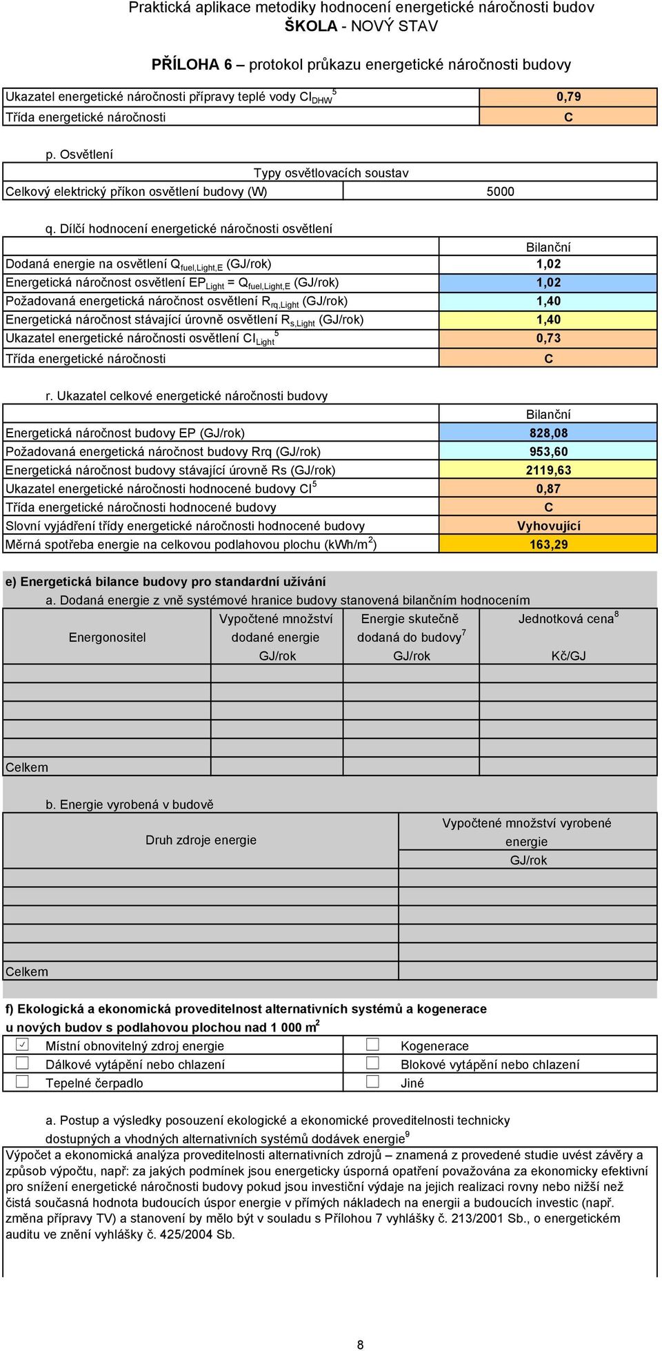 náročnost osvětlení R rq,light (GJ/rok) 1,4 Energetická náročnost stávající úrovně osvětlení R s,light (GJ/rok) 1,4 Ukazatel energetické náročnosti osvětlení CI Light,73 Třída energetické náročnosti