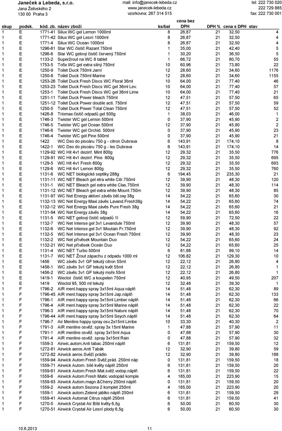 21 73,80 22 1 E 1250-9 Toilet Duck 750ml Jarní 12 28,60 21 34,60 1176 1 E 1250-8 Toilet Duck 750ml Marine 12 28,60 21 34,60 1155 1 E 1253-26 Toilet Duck Fresh Discs WC Floral 36ml 10 64,00 21 77,40