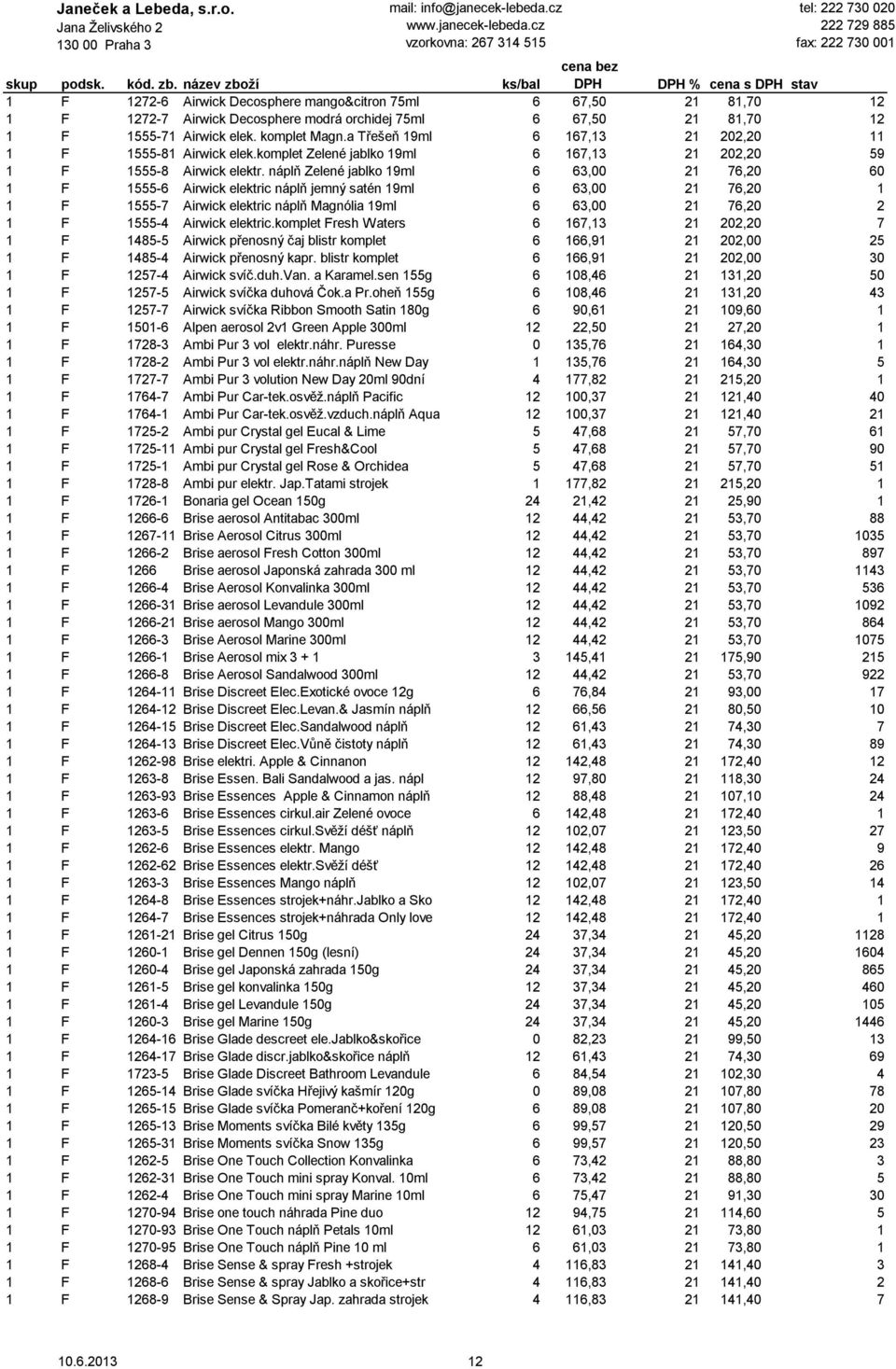 náplň Zelené jablko 19ml 6 63,00 21 76,20 60 1 F 1555-6 Airwick elektric náplň jemný satén 19ml 6 63,00 21 76,20 1 1 F 1555-7 Airwick elektric náplň Magnólia 19ml 6 63,00 21 76,20 2 1 F 1555-4