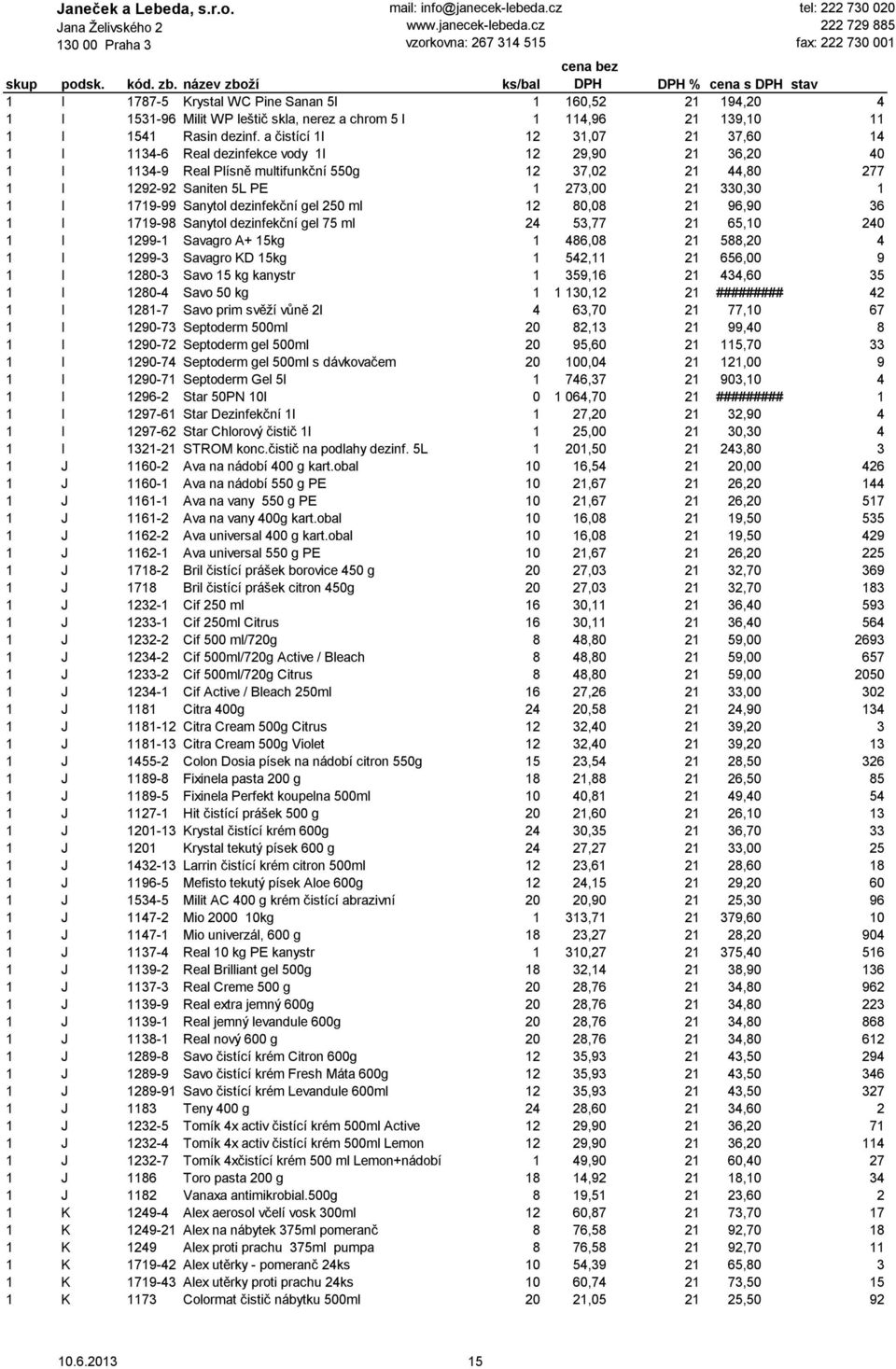 1 I 1719-99 Sanytol dezinfekční gel 250 ml 12 80,08 21 96,90 36 1 I 1719-98 Sanytol dezinfekční gel 75 ml 24 53,77 21 65,10 240 1 I 1299-1 Savagro A+ 15kg 1 486,08 21 588,20 4 1 I 1299-3 Savagro KD