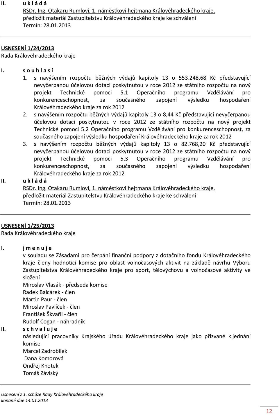 248,68 Kč představující nevyčerpanou účelovou dotaci poskytnutou v roce 2012 ze státního rozpočtu na nový projekt Technické pomoci 5.