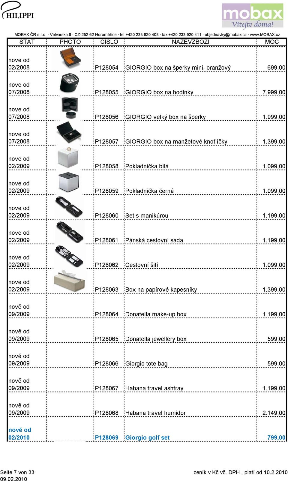 199,00 02/2009 P128061 Pánská cestovní sada 1.199,00 02/2009 P128062 Cestovní šití 1.099,00 02/2009 P128063 Box na papírové kapesníky 1.399,00 09/2009 P128064 Donatella make-up box 1.