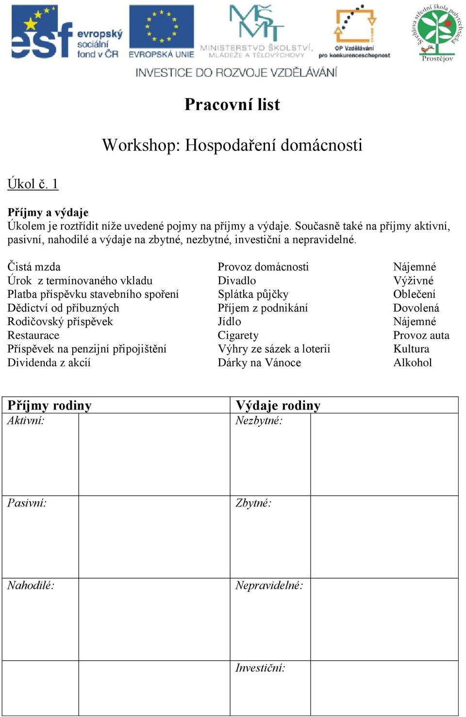 Čistá mzda Provoz domácnosti Nájemné Úrok z termínovaného vkladu Divadlo Výživné Platba příspěvku stavebního spoření Splátka půjčky Oblečení Dědictví od příbuzných Příjem z