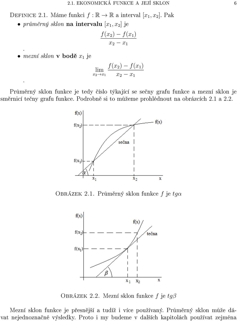 f(x 2 ) f(x 1 ) x 2 x 1 f(x 2 ) f(x 1 ) lim x 2 x 1 x 2 x 1 Pr m rný sklon funkce je tedy íslo týkající se se ny grafu funkce a mezní sklon je sm rnicí te ny