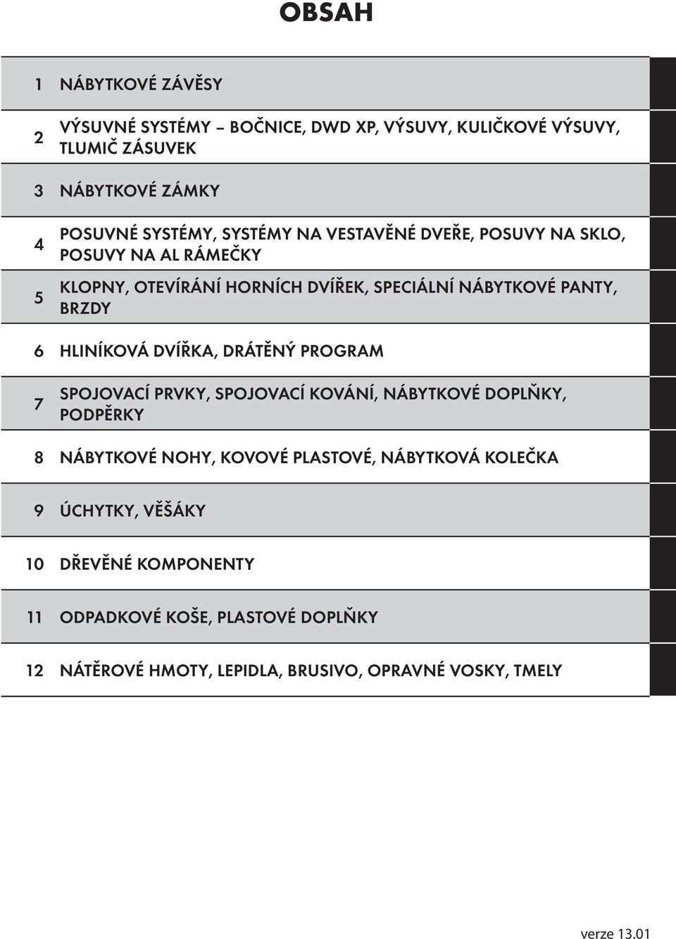 HLINÍKOVÁ DVÍŘKA, DRÁTĚNÝ PROGRAM 7 SPOJOVACÍ PRVKY, SPOJOVACÍ KOVÁNÍ, NÁBYTKOVÉ DOPLŇKY, PODPĚRKY 8 NÁBYTKOVÉ NOHY, KOVOVÉ PLASTOVÉ,