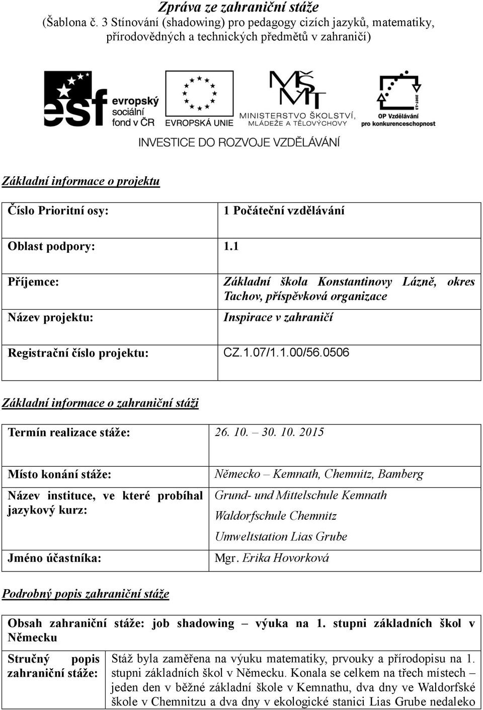 podpory: 1.1 Příjemce: Název projektu: Registrační číslo projektu: Základní škola Konstantinovy Lázně, okres Tachov, příspěvková organizace Inspirace v zahraničí CZ.1.07/1.1.00/56.