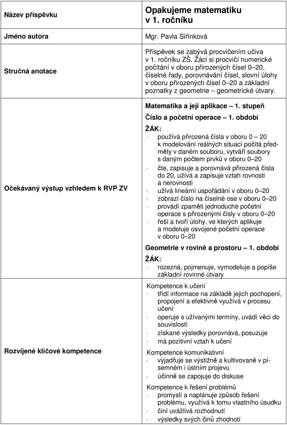 Žáci si procvičí numerické počítání v oboru přirozených čísel 0 20, číselné řady, porovnávání čísel, slovní úlohy v oboru přirozených čísel 0 20 a základní poznatky z geometrie geometrické útvary.