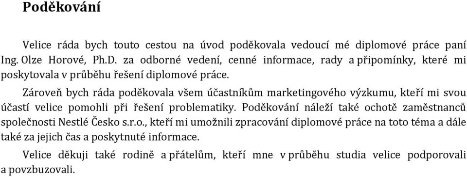 Zároveň bych ráda poděkovala všem účastníkům marketingového výzkumu, kteří mi svou účastí velice pomohli při řešení problematiky.