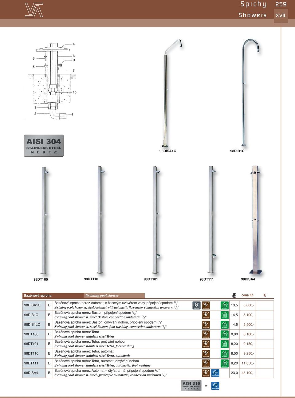 steel utomat with automatic flow meter, connection underarm 1/2 azénová sprcha nerez aston, připojení spodem 1/2 Swiming pool shower st.