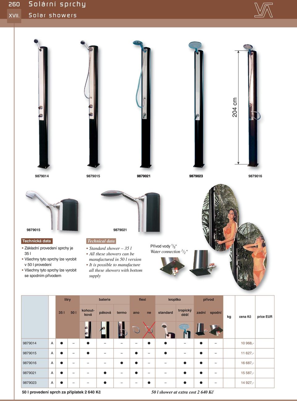 all these showers with bottom supply Přívod vody 1 / 2 Water connection 1 / 2 litry baterie flexi kropítko přívod 35 l 50 l kohoutková páková termo ano ne standard tropický déšť