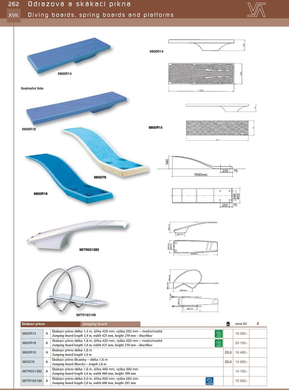 1,8 m, šířka 425 mm, výška 250 mm modro/modré Jumping board length 1,8 m, width 425 mm, height 250 mm blue/blue Skákací prkno délka 1,6 m Jumping board length 1,6 m Skákací prkno luesky délka 1,6 m