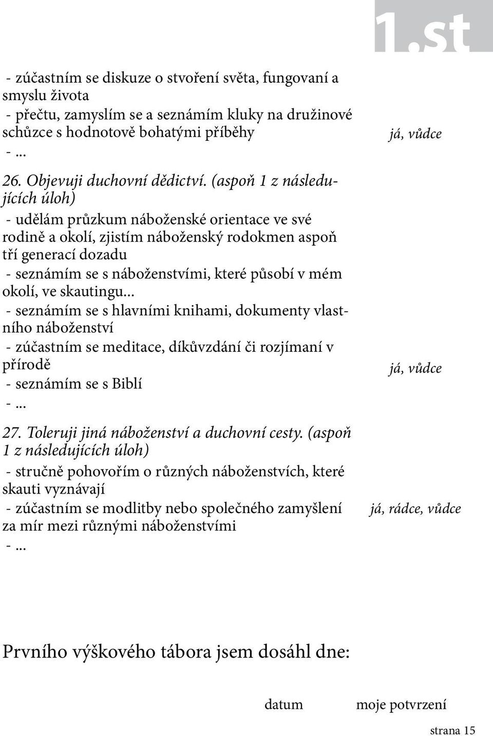 okolí, ve skautingu... - seznámím se s hlavními knihami, dokumenty vlastního náboženství - zúčastním se meditace, díkůvzdání či rozjímaní v přírodě - seznámím se s Biblí 27.