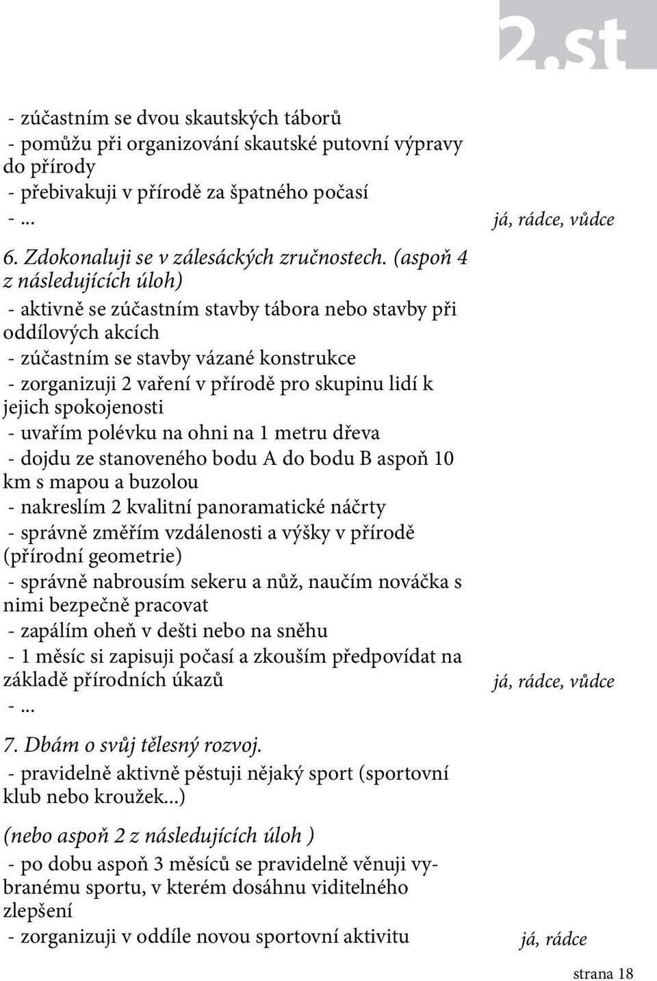 jejich spokojenosti - uvařím polévku na ohni na 1 metru dřeva - dojdu ze stanoveného bodu A do bodu B aspoň 10 km s mapou a buzolou - nakreslím 2 kvalitní panoramatické náčrty - správně změřím